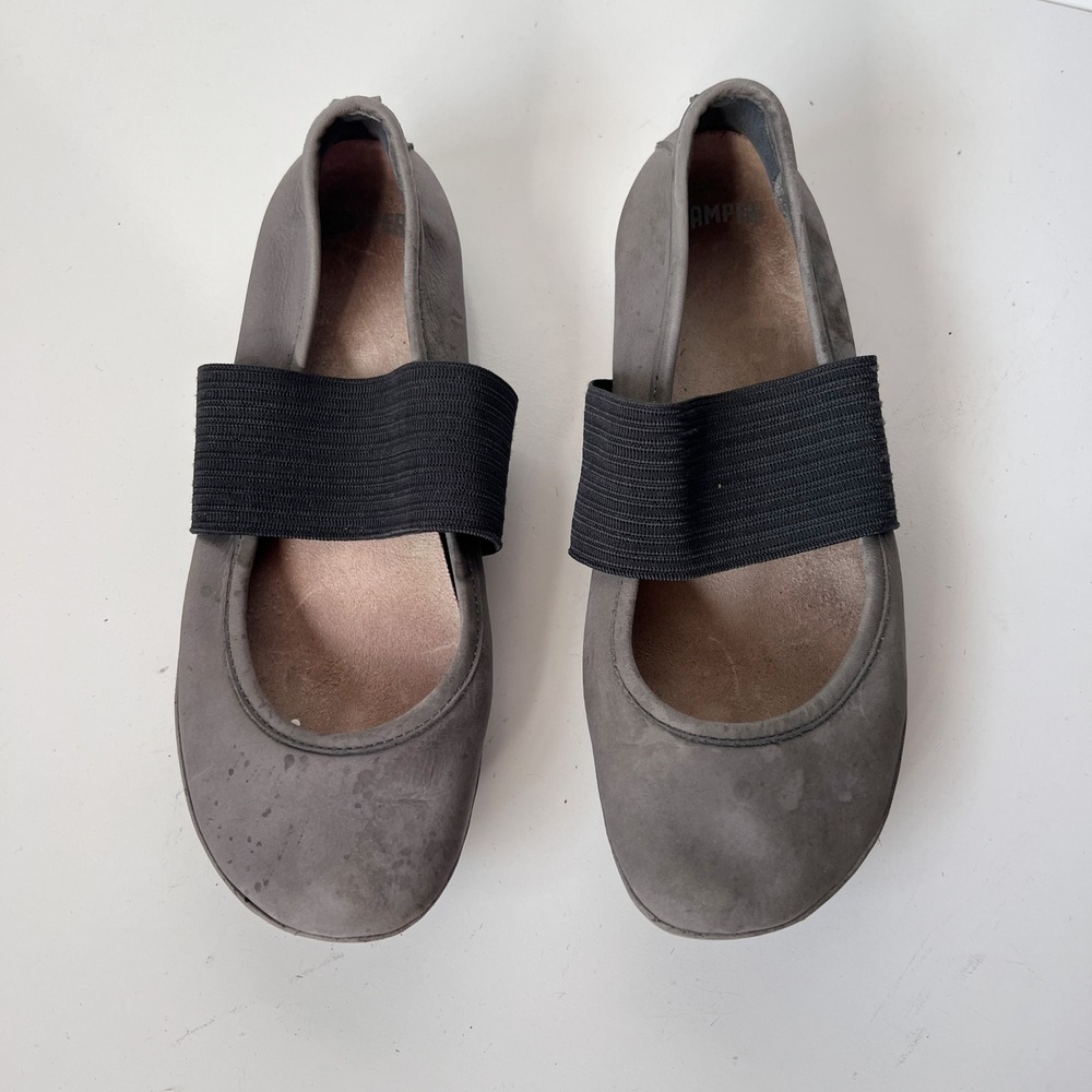 Camper Round Roe Mary Jane Ballet Flats Size 8 Grey Leather Elastic Strap
